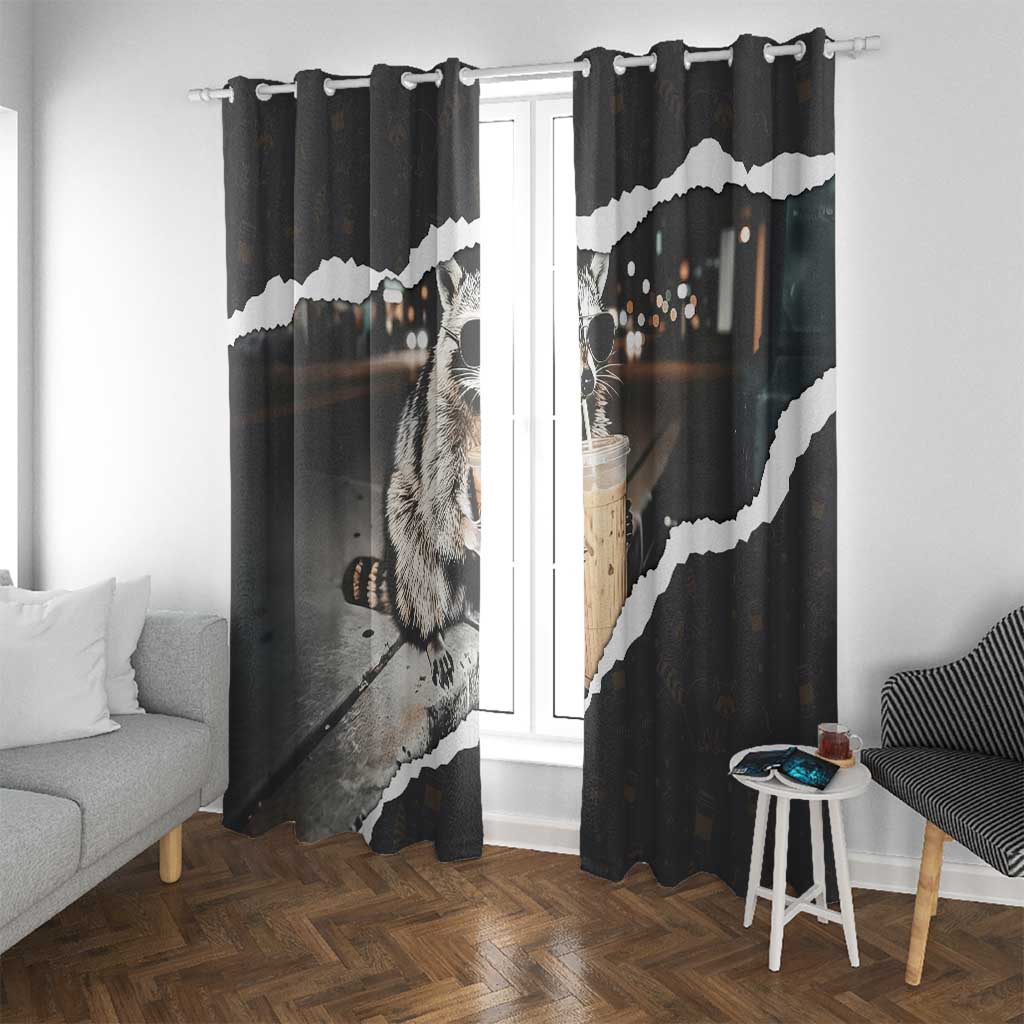 Cool Raccoon Drinking Iced Coffee Window Curtain Funny Animal Meme Urban Night Photography
