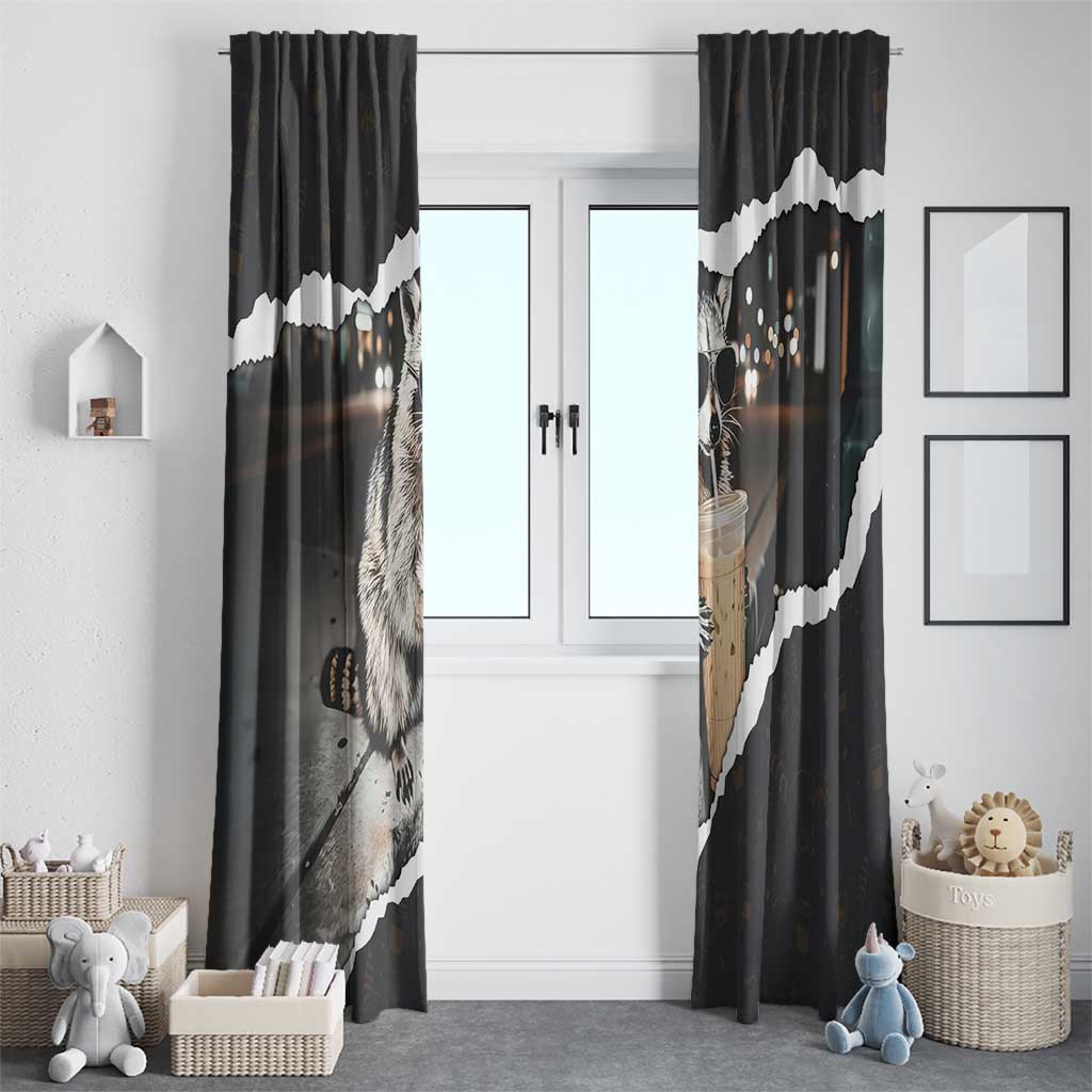 Cool Raccoon Drinking Iced Coffee Window Curtain Funny Animal Meme Urban Night Photography