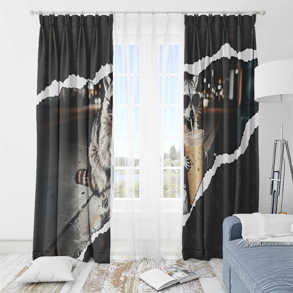 Cool Raccoon Drinking Iced Coffee Window Curtain Funny Animal Meme Urban Night Photography