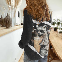 Cool Raccoon Drinking Iced Coffee Women Casual Shirt Funny Animal Meme Urban Night Photography