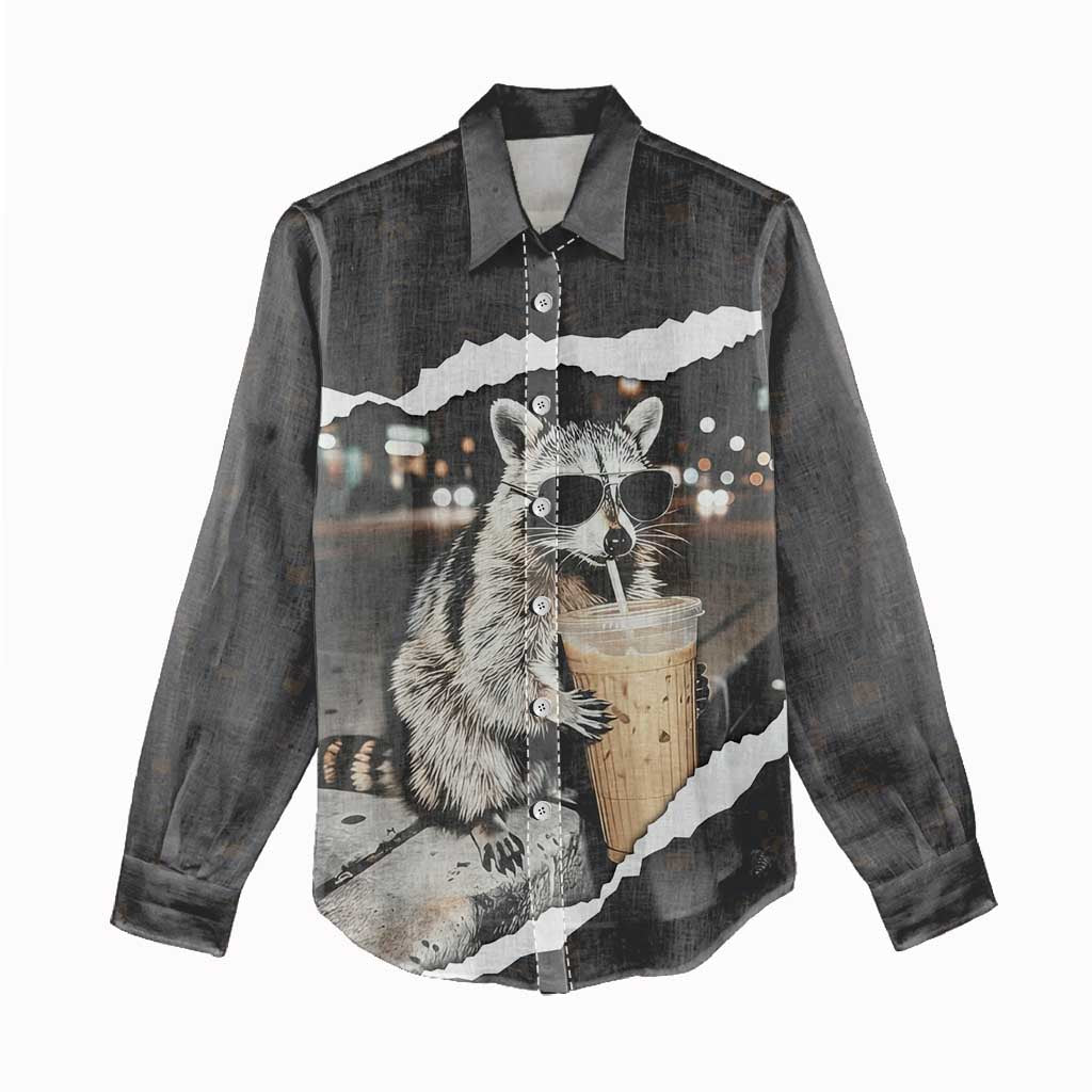 Cool Raccoon Drinking Iced Coffee Women Casual Shirt Funny Animal Meme Urban Night Photography