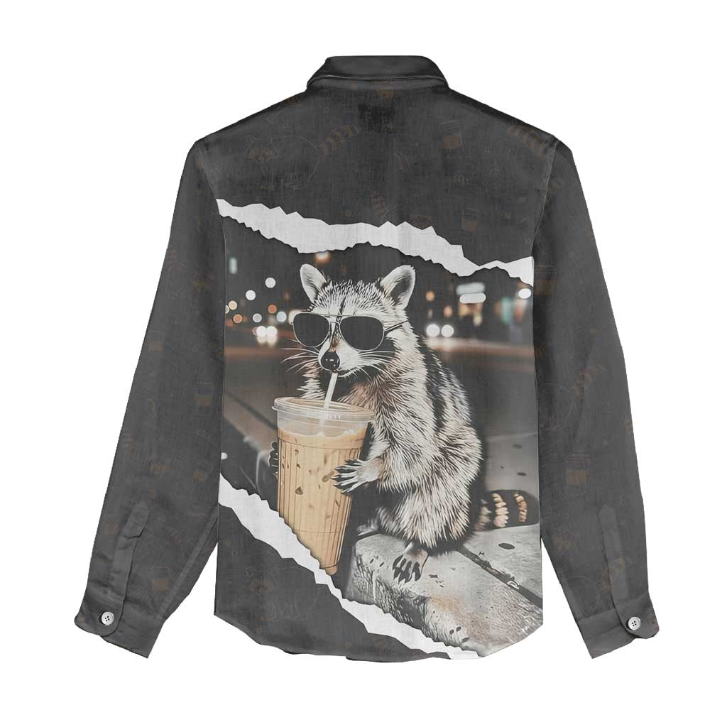 Cool Raccoon Drinking Iced Coffee Women Casual Shirt Funny Animal Meme Urban Night Photography