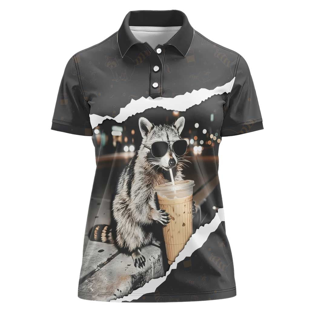 Cool Raccoon Drinking Iced Coffee Women Polo Shirt Funny Animal Meme Urban Night Photography