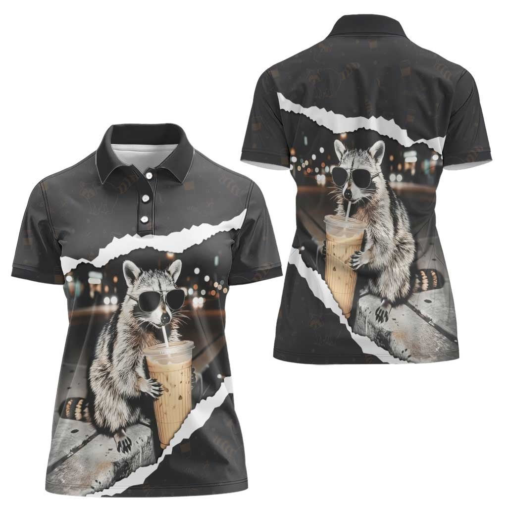 Cool Raccoon Drinking Iced Coffee Women Polo Shirt Funny Animal Meme Urban Night Photography