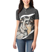 Cool Raccoon Drinking Iced Coffee Women Polo Shirt Funny Animal Meme Urban Night Photography