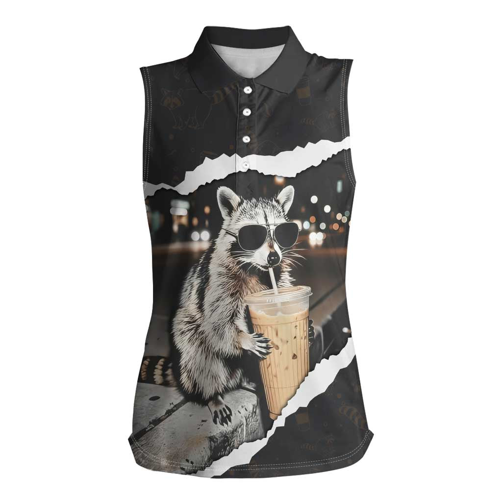 Cool Raccoon Drinking Iced Coffee Women Sleeveless Polo Shirt Funny Animal Meme Urban Night Photography