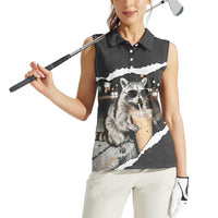 Cool Raccoon Drinking Iced Coffee Women Sleeveless Polo Shirt Funny Animal Meme Urban Night Photography