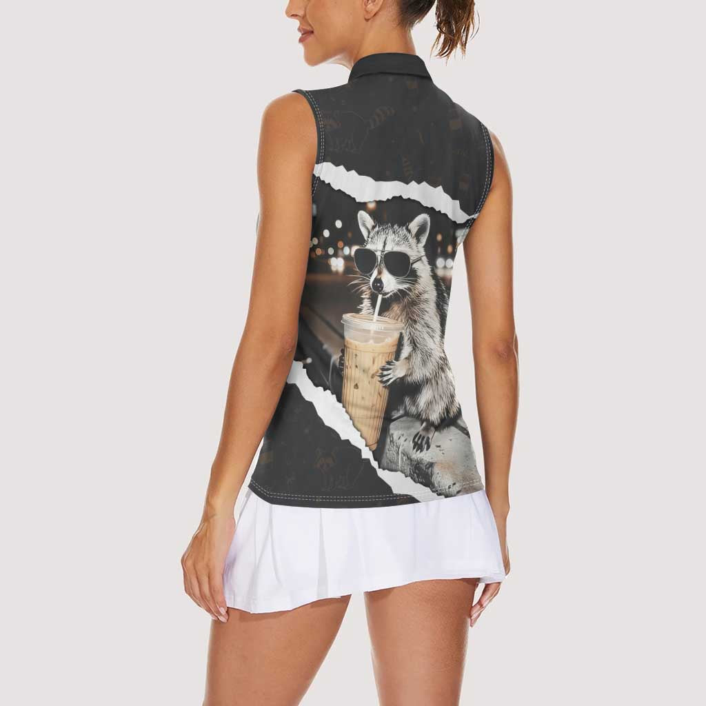 Cool Raccoon Drinking Iced Coffee Women Sleeveless Polo Shirt Funny Animal Meme Urban Night Photography