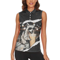 Cool Raccoon Drinking Iced Coffee Women Sleeveless Polo Shirt Funny Animal Meme Urban Night Photography