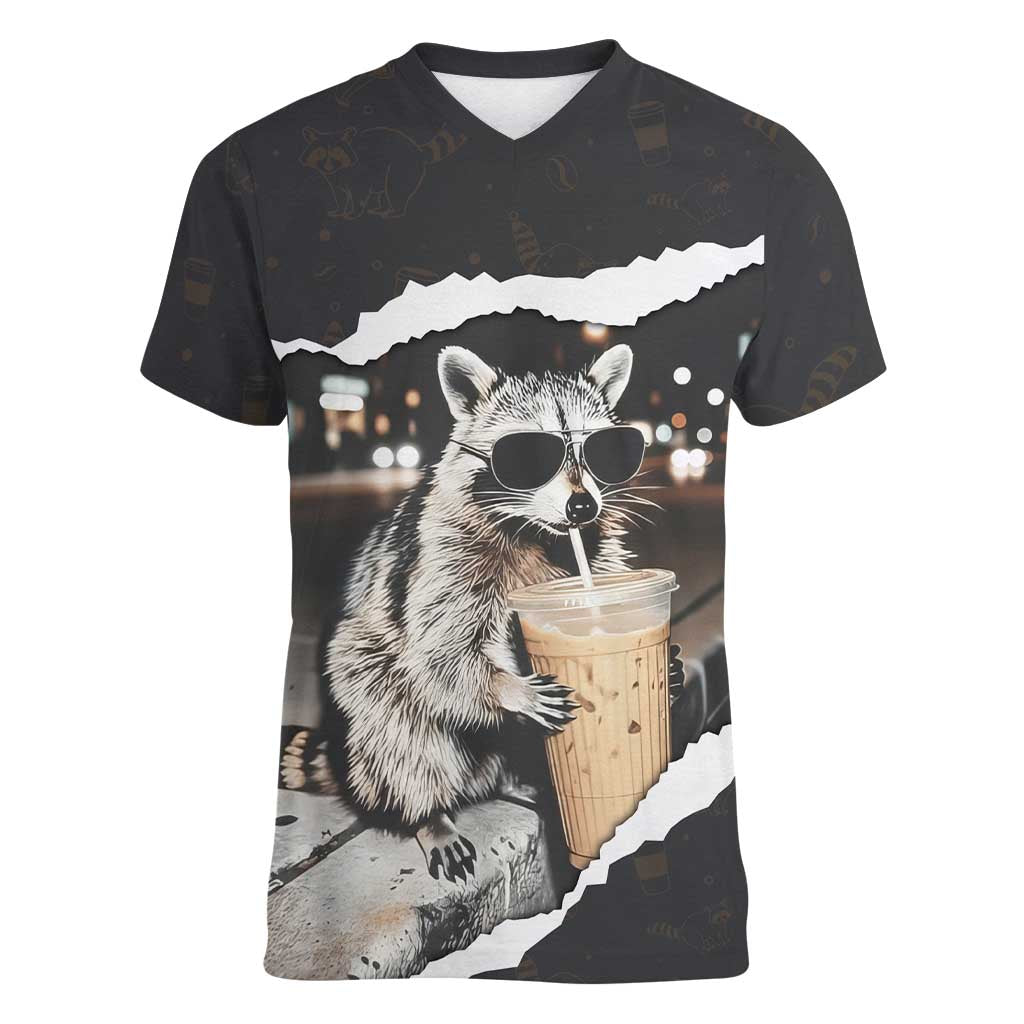 Cool Raccoon Drinking Iced Coffee Women V-Neck T-Shirt Funny Animal Meme Urban Night Photography