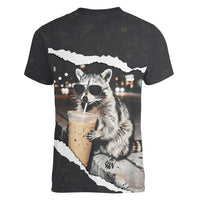Cool Raccoon Drinking Iced Coffee Women V-Neck T-Shirt Funny Animal Meme Urban Night Photography