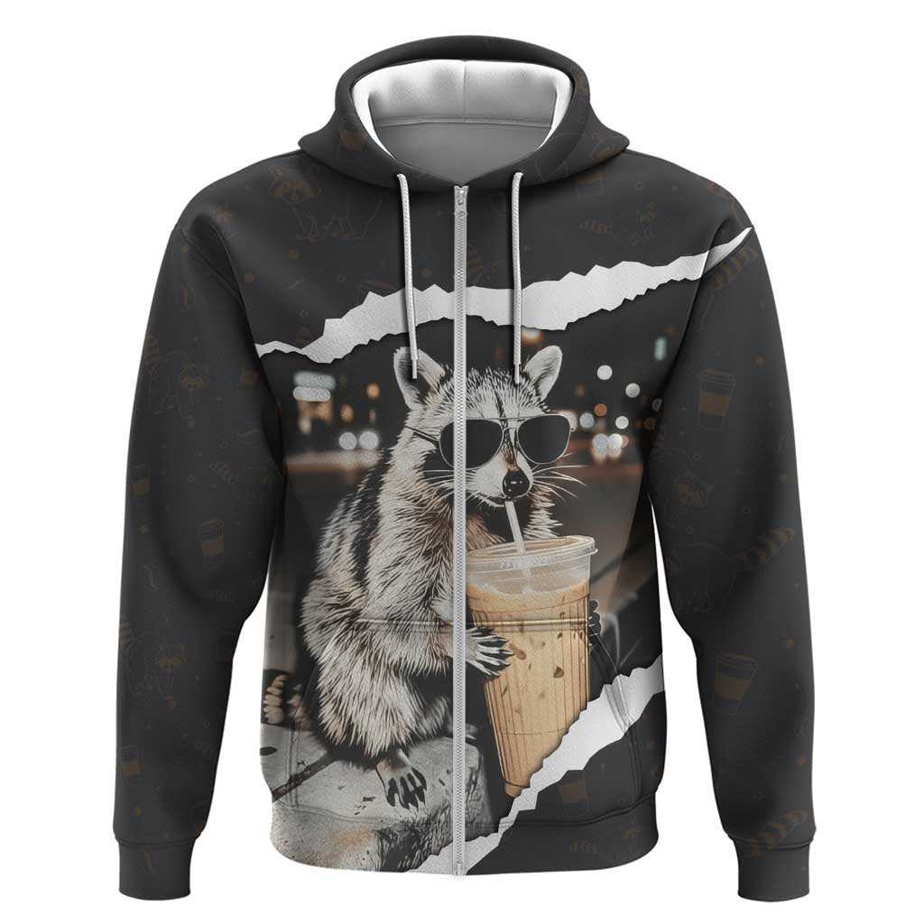Cool Raccoon Drinking Iced Coffee Zip Hoodie Funny Animal Meme Urban Night Photography