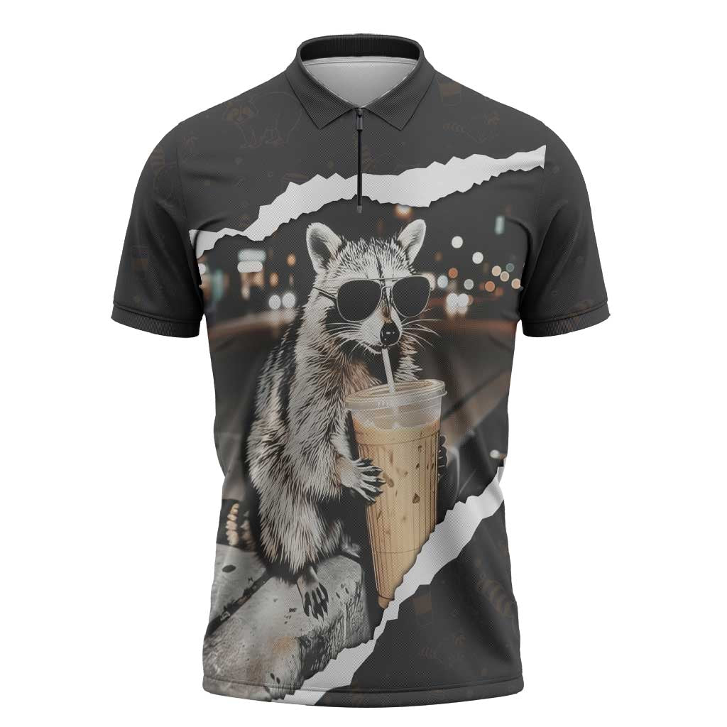 Cool Raccoon Drinking Iced Coffee Zipper Polo Shirt Funny Animal Meme Urban Night Photography