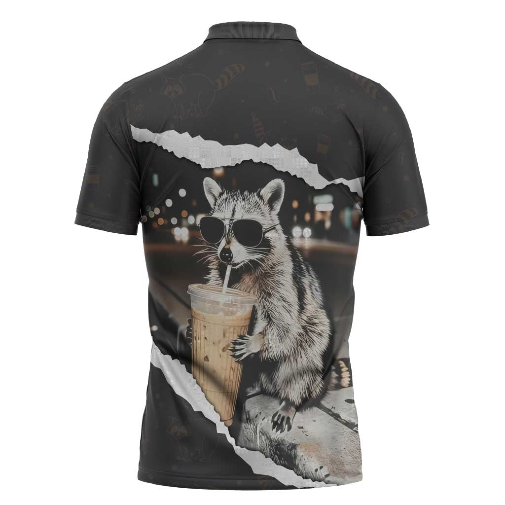 Cool Raccoon Drinking Iced Coffee Zipper Polo Shirt Funny Animal Meme Urban Night Photography