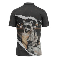 Cool Raccoon Drinking Iced Coffee Zipper Polo Shirt Funny Animal Meme Urban Night Photography