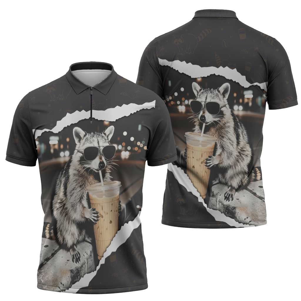 Cool Raccoon Drinking Iced Coffee Zipper Polo Shirt Funny Animal Meme Urban Night Photography