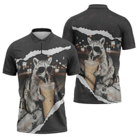 Cool Raccoon Drinking Iced Coffee Zipper Polo Shirt Funny Animal Meme Urban Night Photography