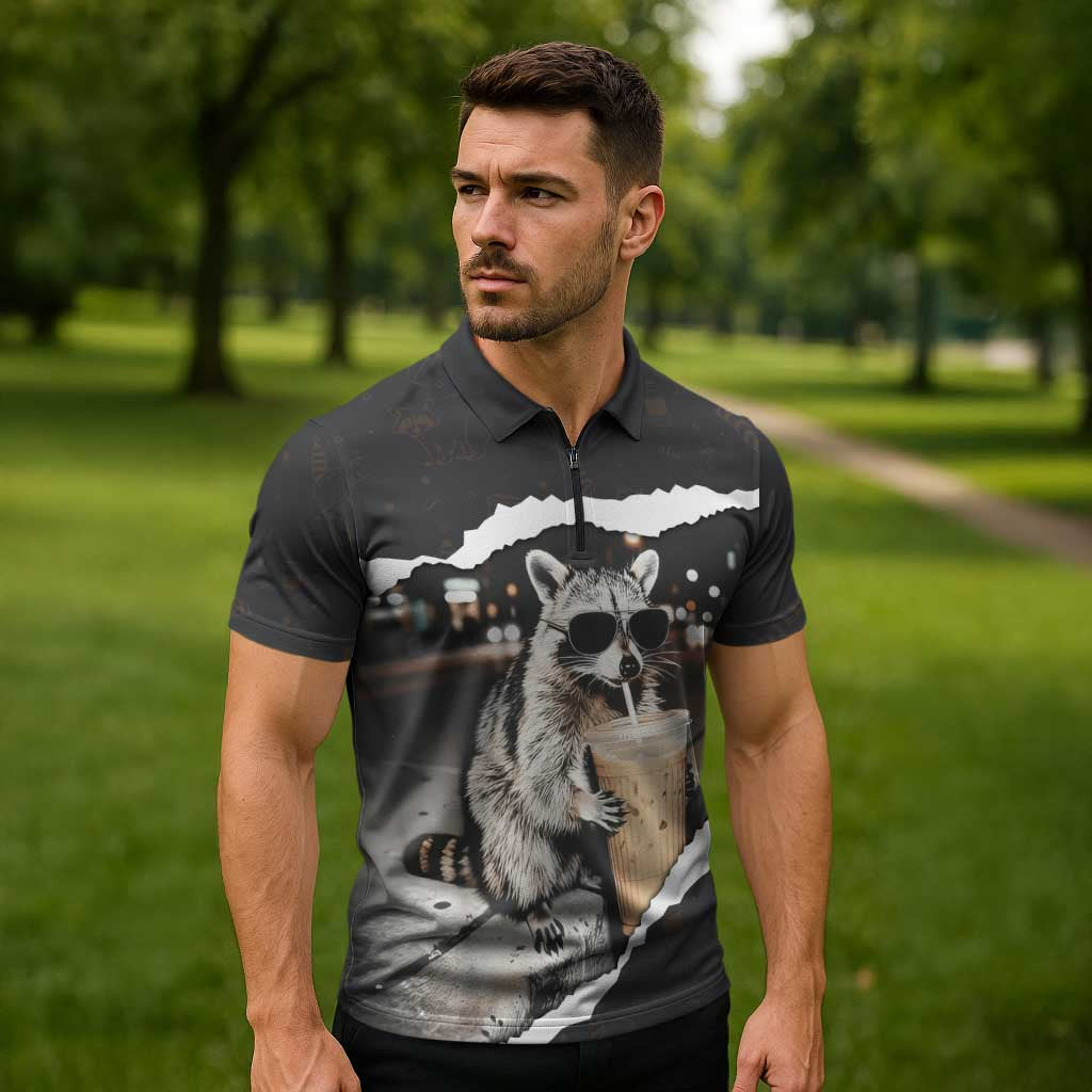 Cool Raccoon Drinking Iced Coffee Zipper Polo Shirt Funny Animal Meme Urban Night Photography