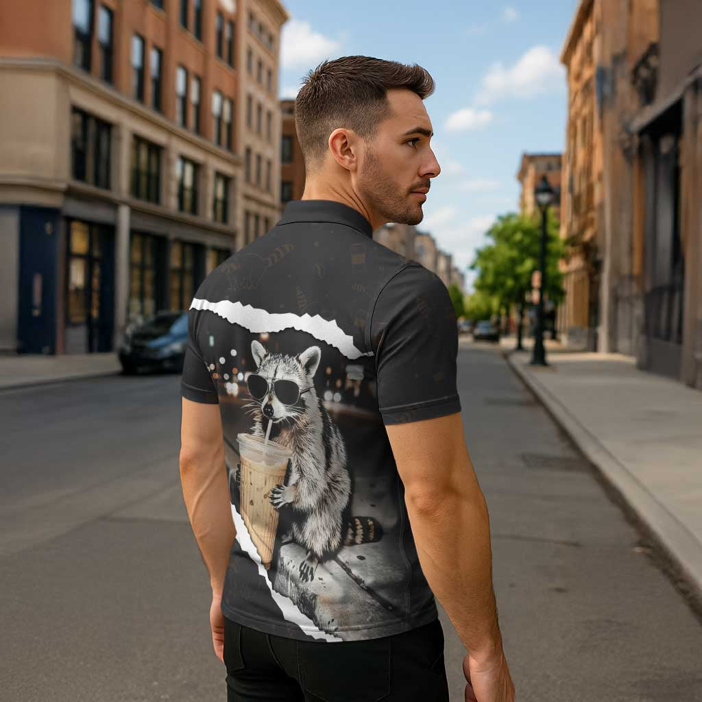 Cool Raccoon Drinking Iced Coffee Zipper Polo Shirt Funny Animal Meme Urban Night Photography