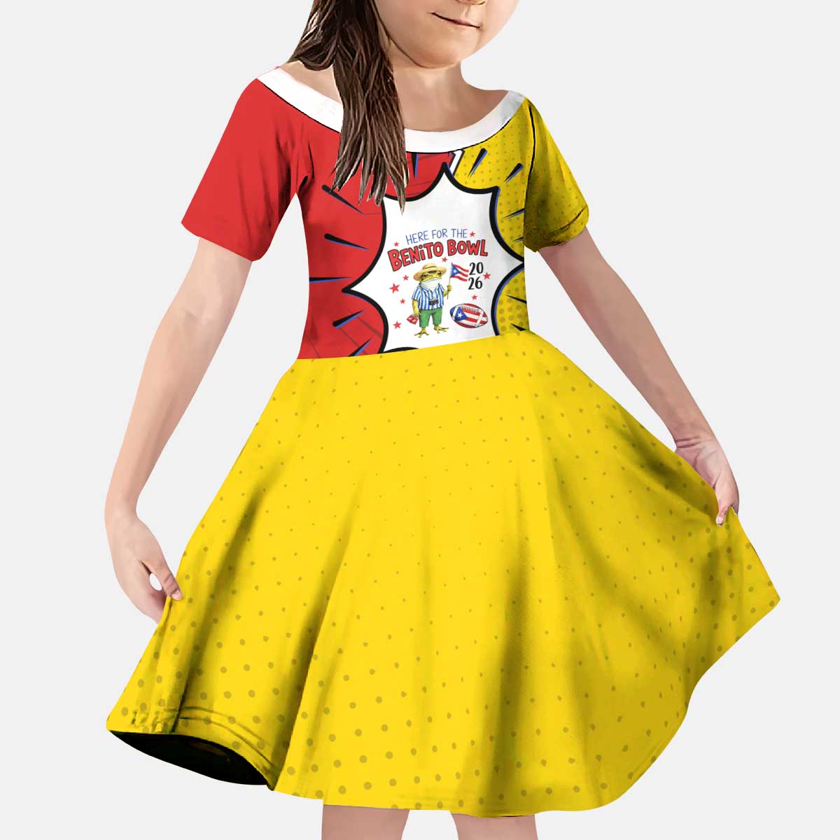 Benito Bowl Puerto Rican Frog Kid Short Sleeve Dress Playful Pop‑Culture Game Day