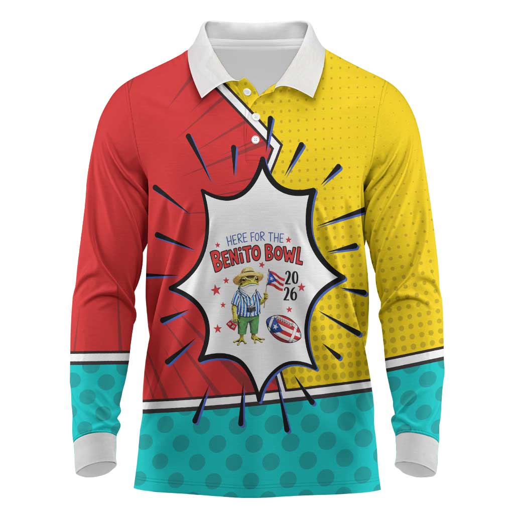 Benito Bowl Puerto Rican Frog Long Sleeve Polo Shirt Playful Pop‑Culture Game Day