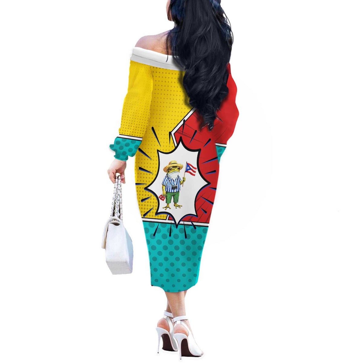 Benito Bowl Puerto Rican Frog Off The Shoulder Long Sleeve Dress Playful Pop‑Culture Game Day