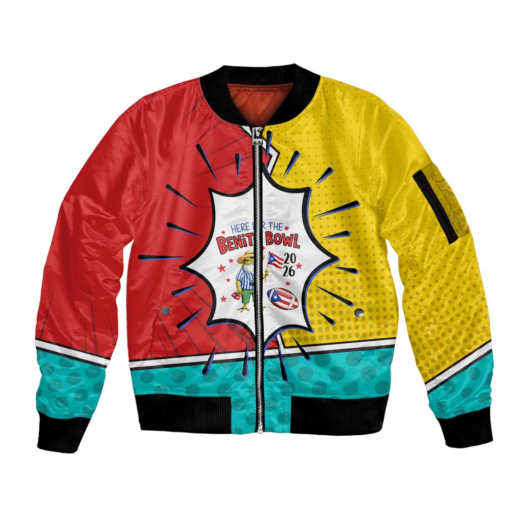 Benito Bowl Puerto Rican Frog Sleeve Zip Bomber Jacket Playful Pop‑Culture Game Day