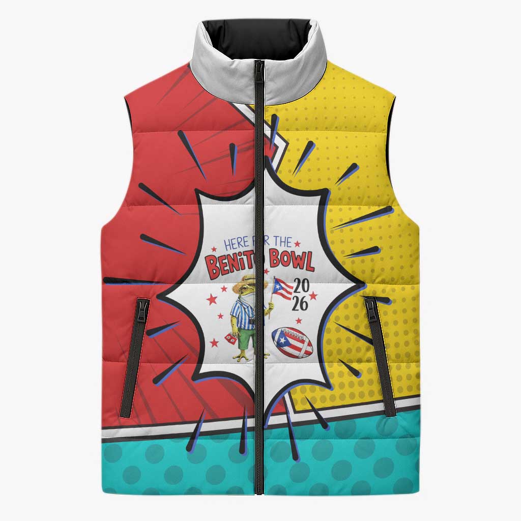 Benito Bowl Puerto Rican Frog Sleeveless Puffer Jacket Playful Pop‑Culture Game Day
