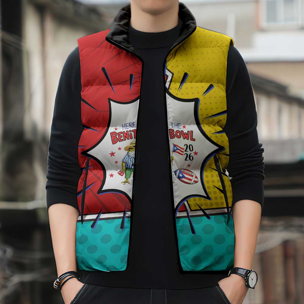 Benito Bowl Puerto Rican Frog Sleeveless Puffer Jacket Playful Pop‑Culture Game Day