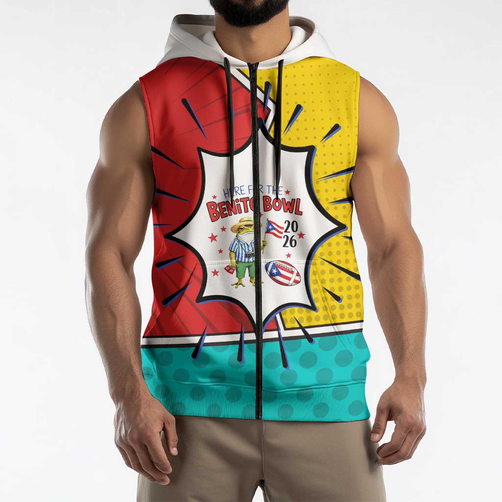 Benito Bowl Puerto Rican Frog Sleeveless Zip Hoodie Playful Pop‑Culture Game Day