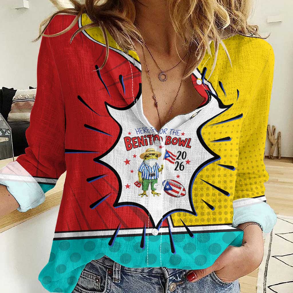 Benito Bowl Puerto Rican Frog Women Casual Shirt Playful Pop‑Culture Game Day