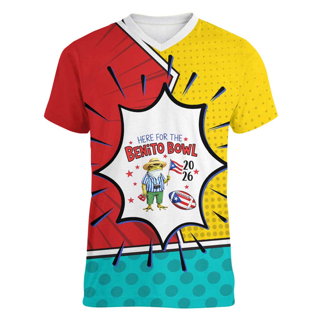 Benito Bowl Puerto Rican Frog Women V-Neck T-Shirt Playful Pop‑Culture Game Day