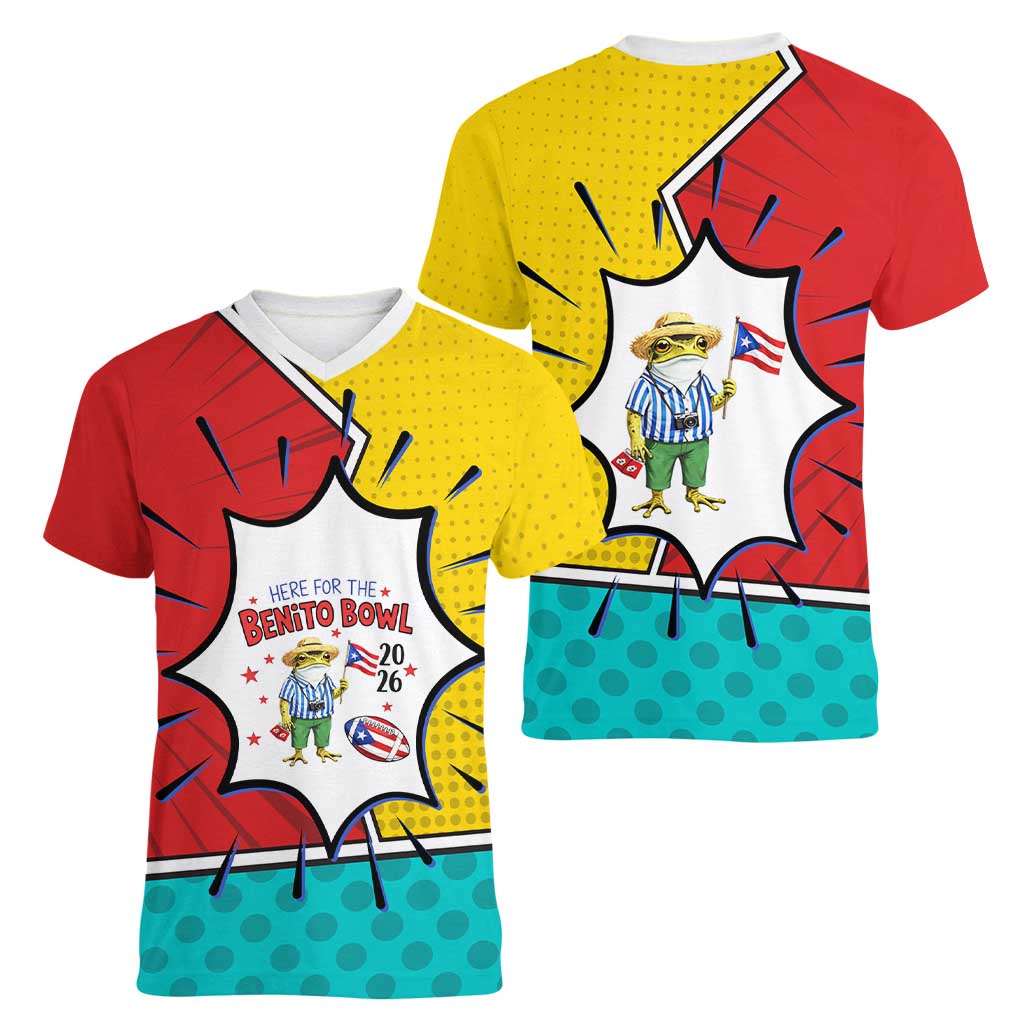 Benito Bowl Puerto Rican Frog Women V-Neck T-Shirt Playful Pop‑Culture Game Day