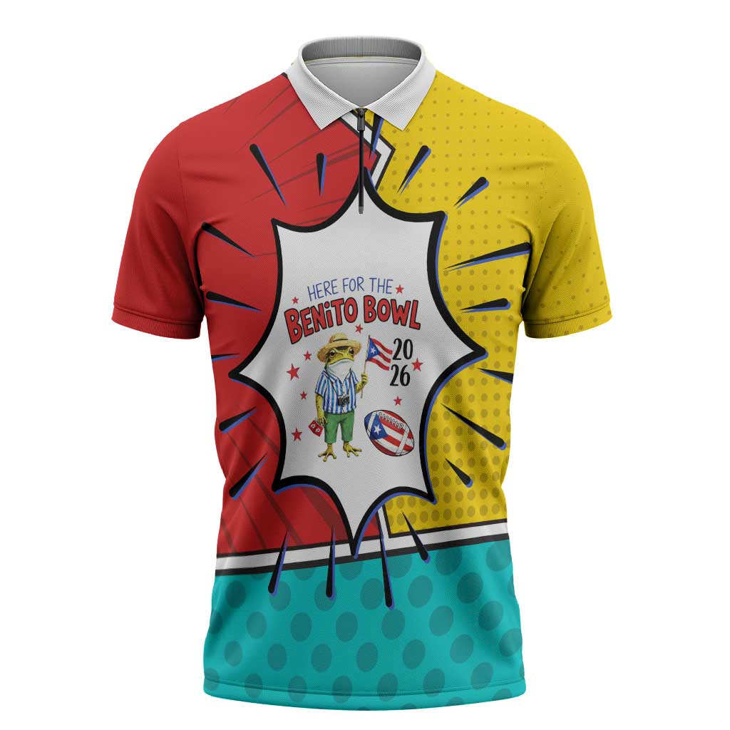 Benito Bowl Puerto Rican Frog Zipper Polo Shirt Playful Pop‑Culture Game Day