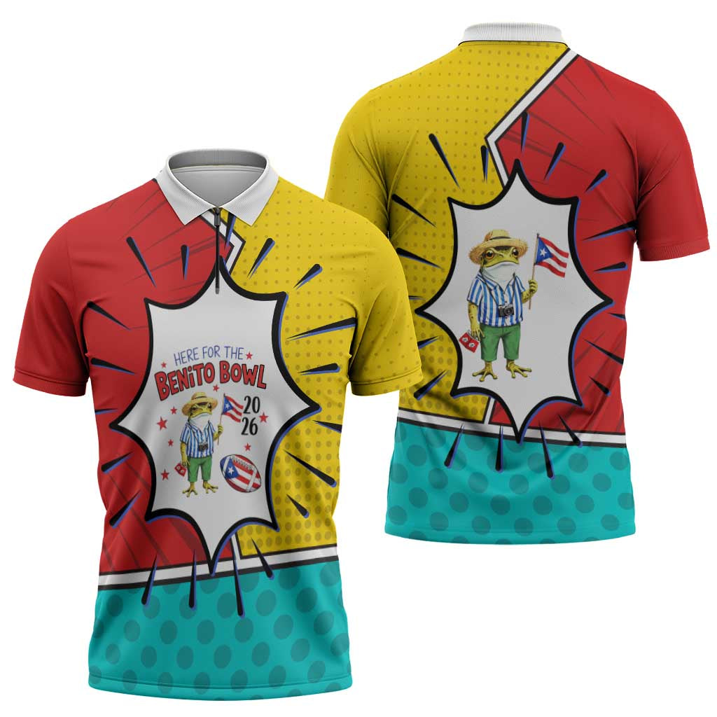 Benito Bowl Puerto Rican Frog Zipper Polo Shirt Playful Pop‑Culture Game Day