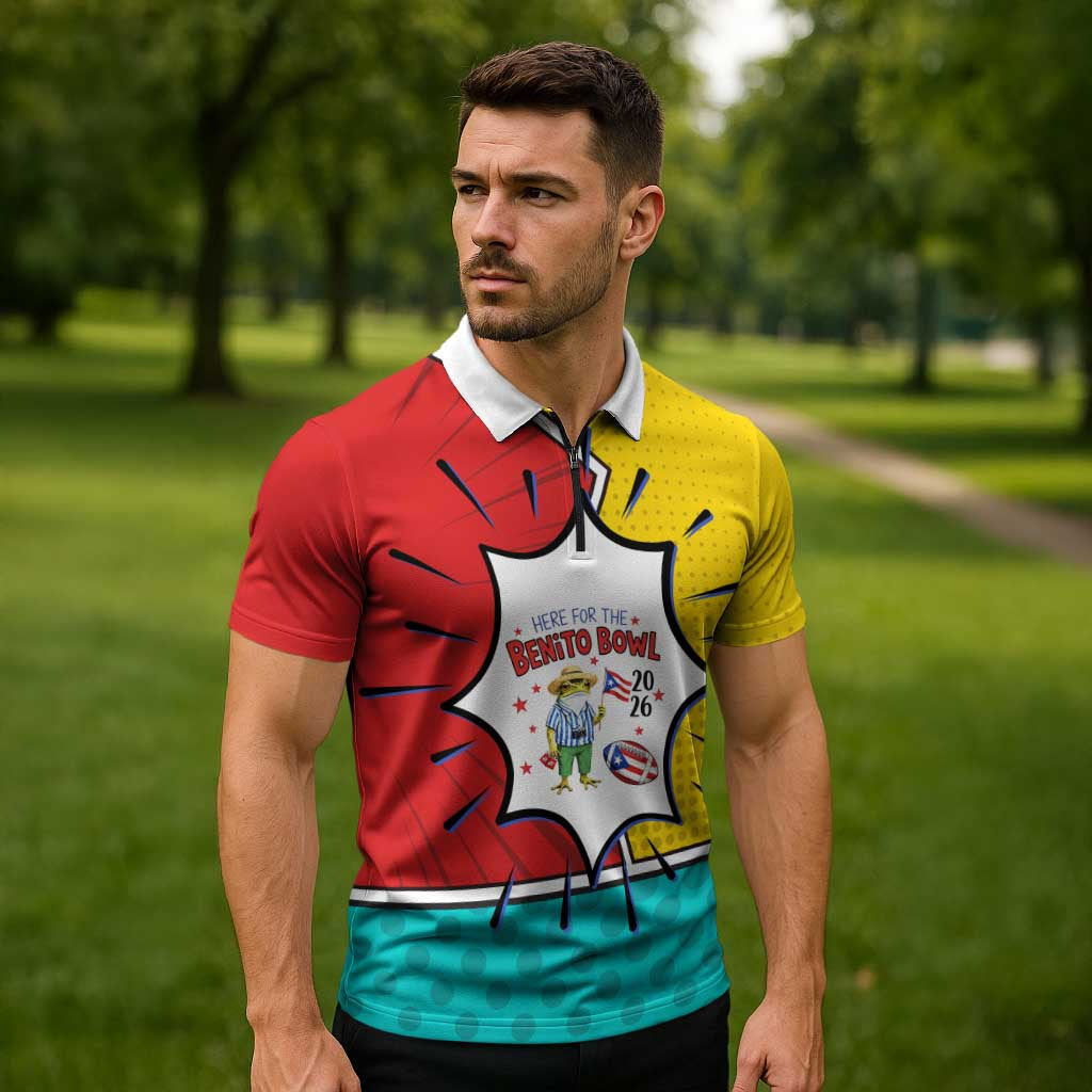 Benito Bowl Puerto Rican Frog Zipper Polo Shirt Playful Pop‑Culture Game Day