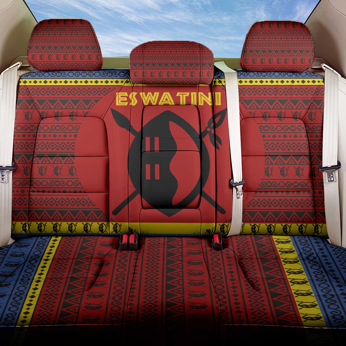 Eswatini Flag Back Car Seat Cover with Traditional Shield Spear and Cultural Pattern Design - Wonder Print Shop