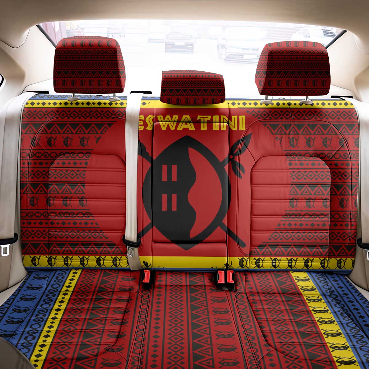 Eswatini Flag Back Car Seat Cover with Traditional Shield Spear and Cultural Pattern Design - Wonder Print Shop