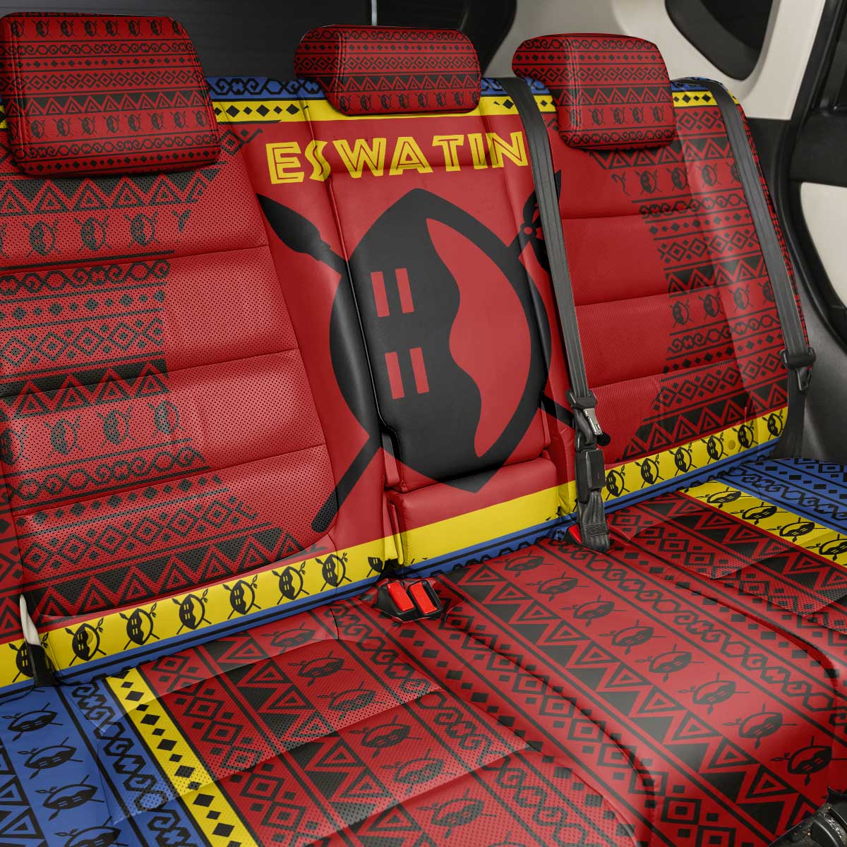 Eswatini Flag Back Car Seat Cover with Traditional Shield Spear and Cultural Pattern Design - Wonder Print Shop