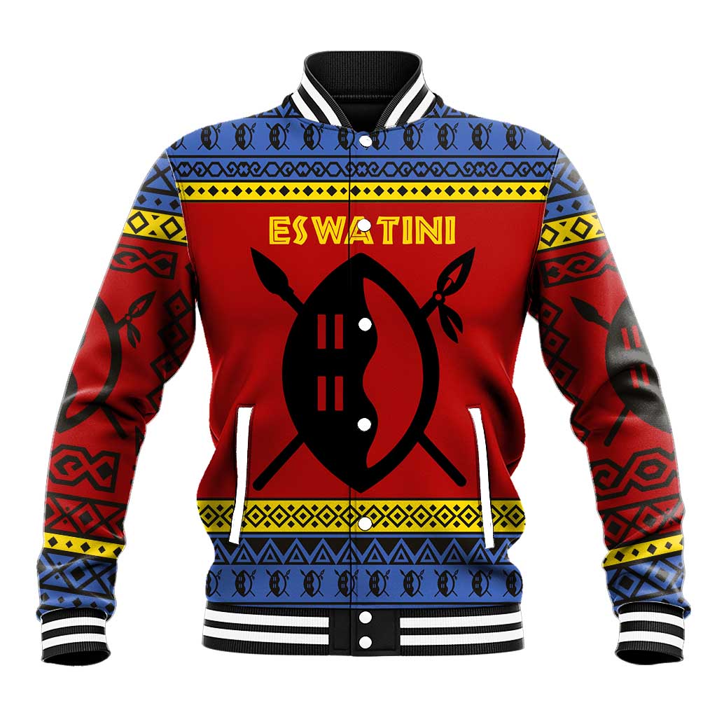 Eswatini Flag Baseball Jacket with Traditional Shield Spear and Cultural Pattern Design - Wonder Print Shop