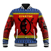 Eswatini Flag Baseball Jacket with Traditional Shield Spear and Cultural Pattern Design - Wonder Print Shop