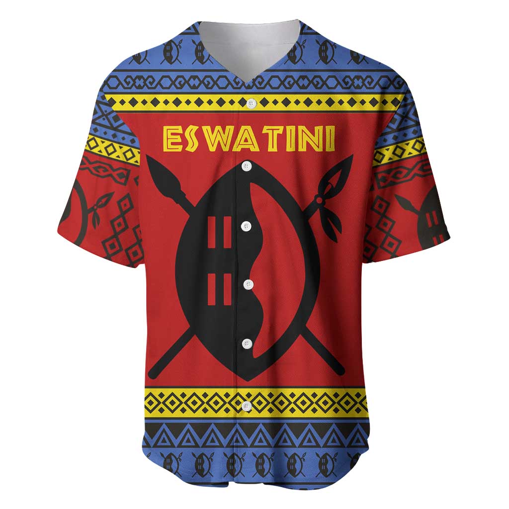 Eswatini Flag Baseball Jersey with Traditional Shield Spear and Cultural Pattern Design - Wonder Print Shop