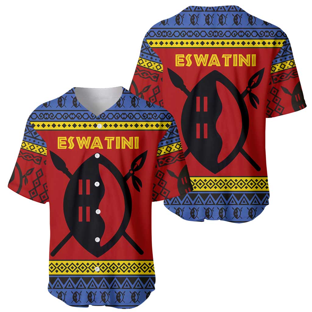 Eswatini Flag Baseball Jersey with Traditional Shield Spear and Cultural Pattern Design - Wonder Print Shop