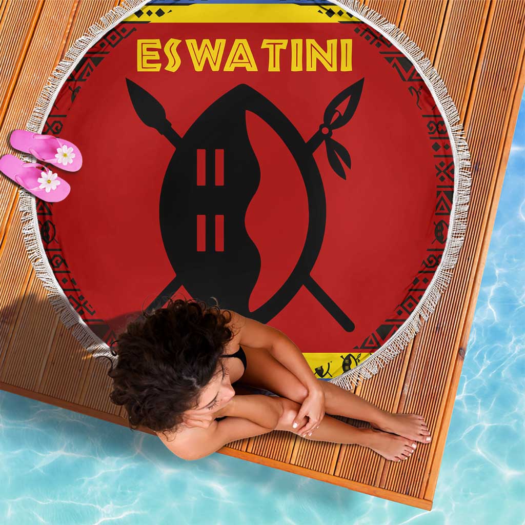 Eswatini Flag Beach Blanket with Traditional Shield Spear and Cultural Pattern Design - Wonder Print Shop