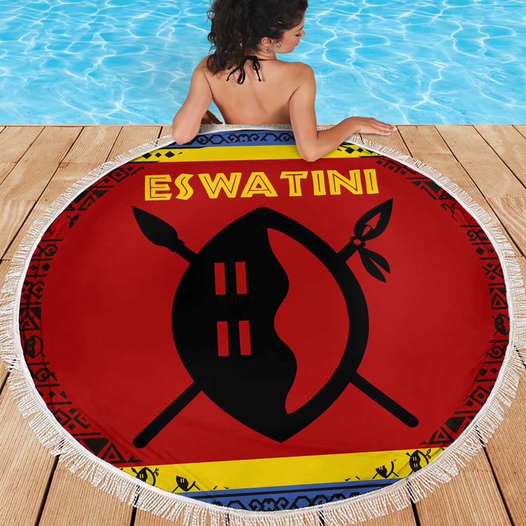 Eswatini Flag Beach Blanket with Traditional Shield Spear and Cultural Pattern Design - Wonder Print Shop