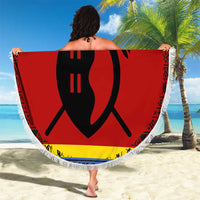 Eswatini Flag Beach Blanket with Traditional Shield Spear and Cultural Pattern Design - Wonder Print Shop