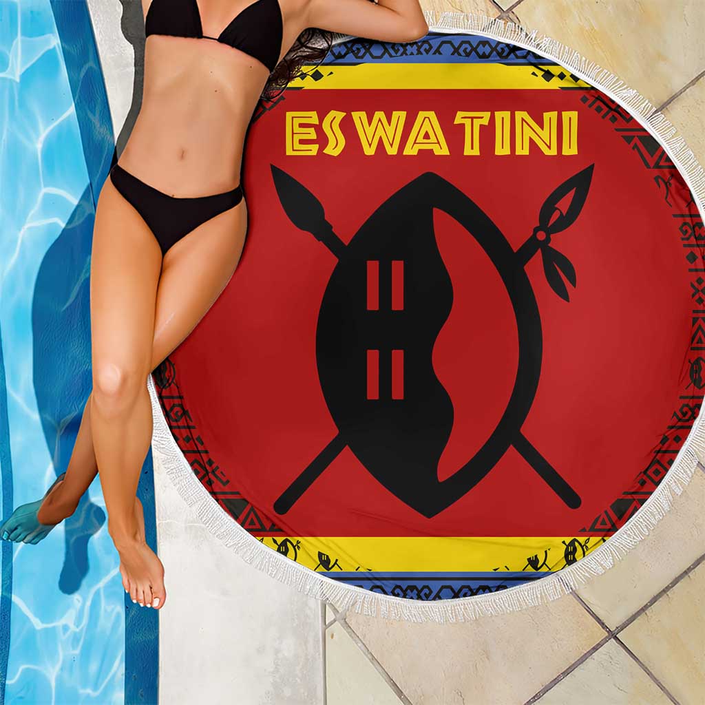 Eswatini Flag Beach Blanket with Traditional Shield Spear and Cultural Pattern Design - Wonder Print Shop