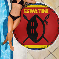 Eswatini Flag Beach Blanket with Traditional Shield Spear and Cultural Pattern Design - Wonder Print Shop
