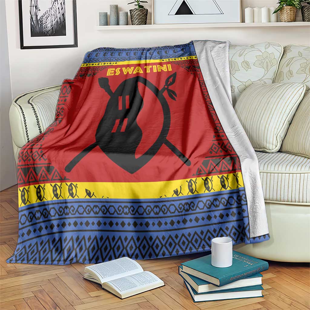 Eswatini Flag Blanket with Traditional Shield Spear and Cultural Pattern Design - Wonder Print Shop