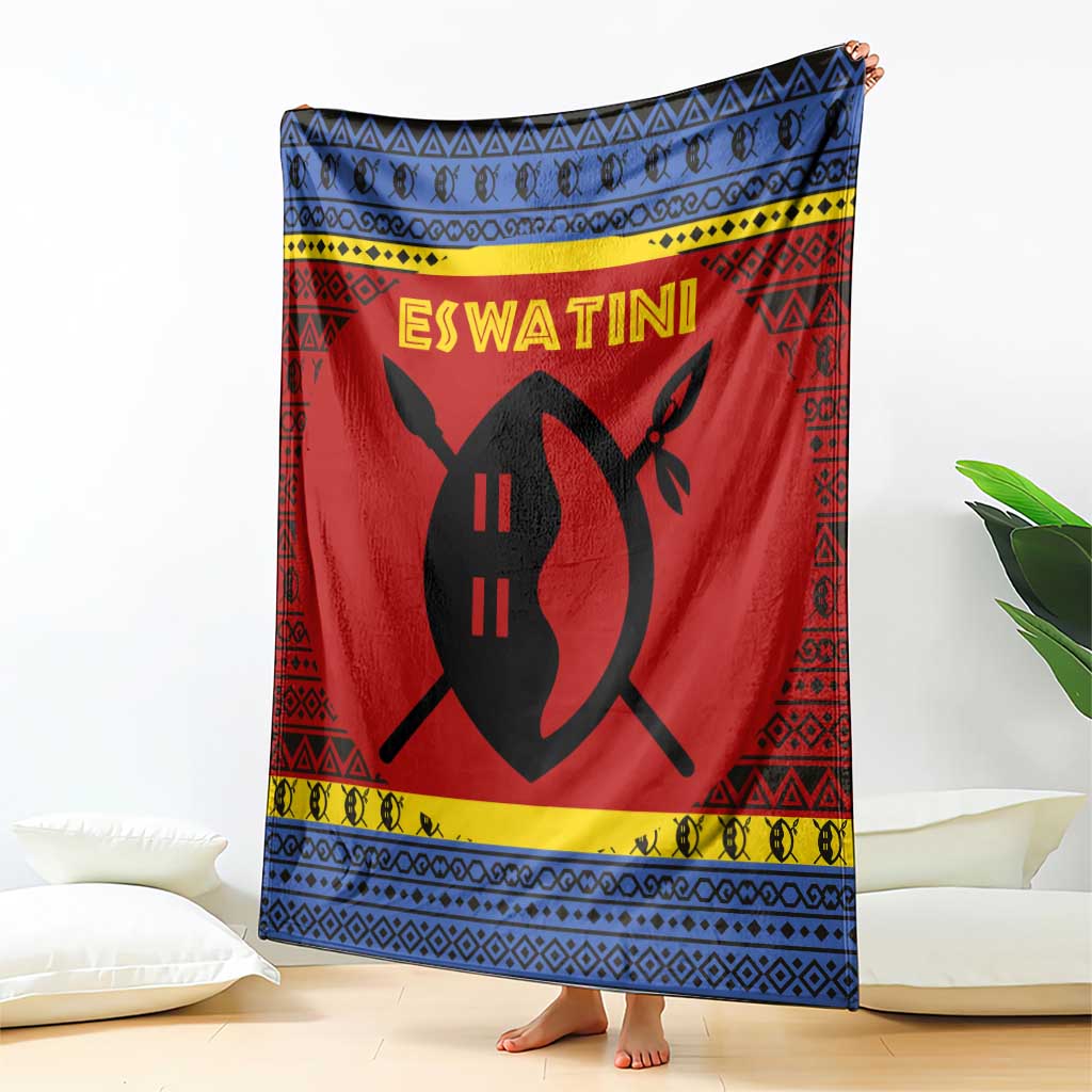 Eswatini Flag Blanket with Traditional Shield Spear and Cultural Pattern Design - Wonder Print Shop